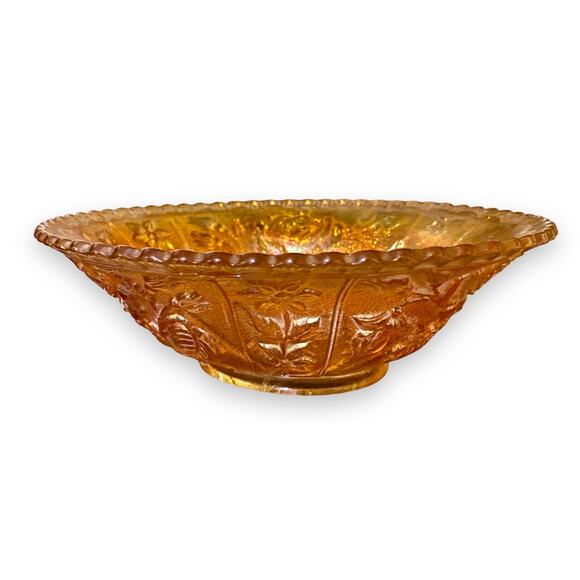 Iridescent Carnival Glass Bowl Orange Marigold Gold Fumed 9" Unmarked Vtg 50s - Picture 8 of 9